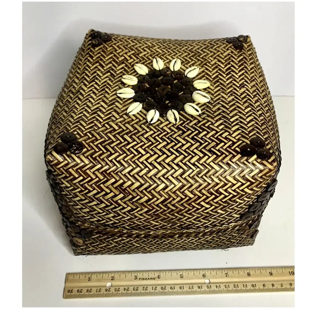 Square Chunky Hand Woven Nesting Baskets Shell & Button Lid Storage Boho Coastal